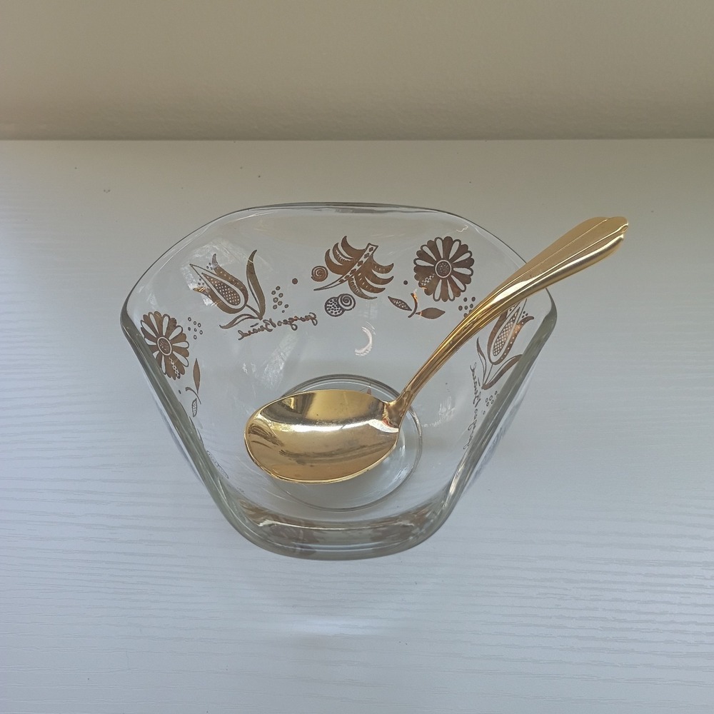MCM Georges Briard Gold Floral Glass Bowl Jacobean Flowers W/ Gold Spoon - Picture 2 of 16